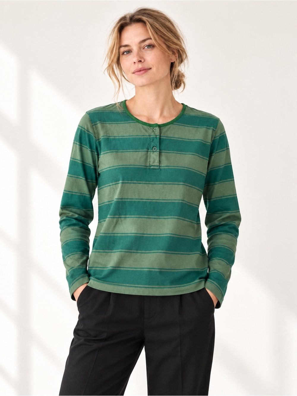 Marimekko Mika Piirainen Green Striped Long Sleeve Henley Top Est S